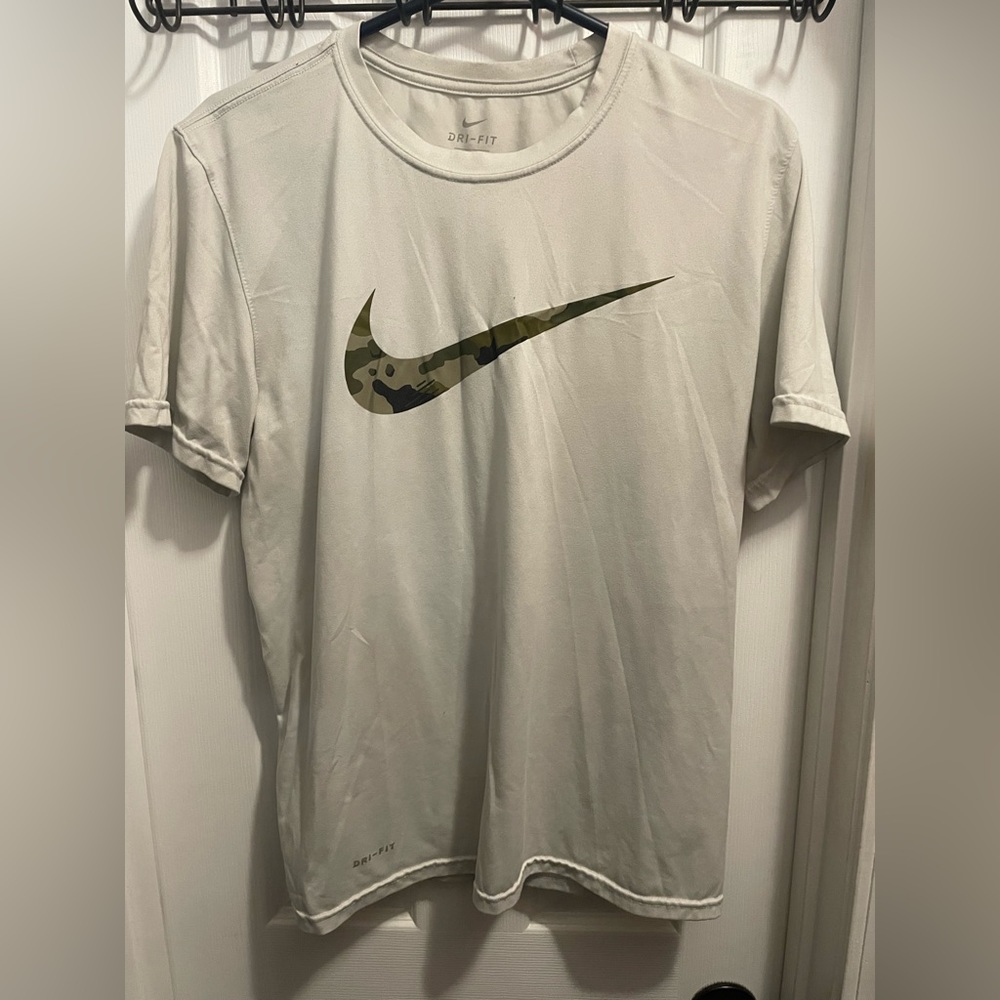Nike white short sleeve w/ camo swoosh